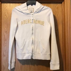 Vintage Abercrombie & Fitch Y2K Large ivory white logo zip hoodie 2 pockets VGUC